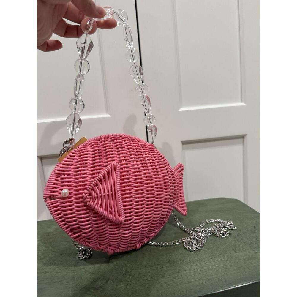 New Tommy Bahama Woven Wicker Fish Pink Clutch Crossbody Bag - Picture 2 of 5